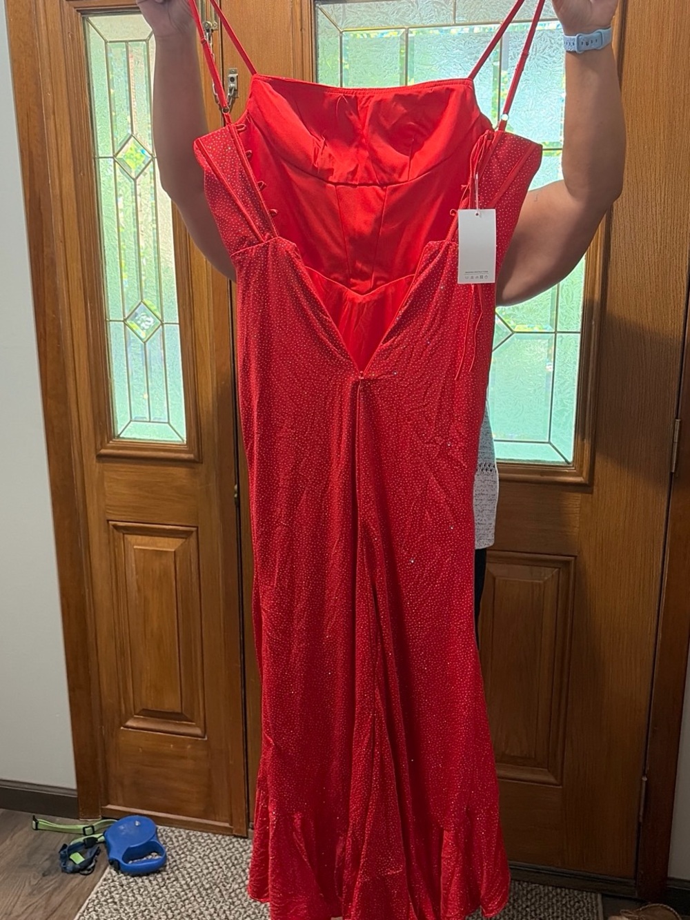 Amazon Red Ruffled Spaghetti-Strap Prom Dress - Picture 2 of 3